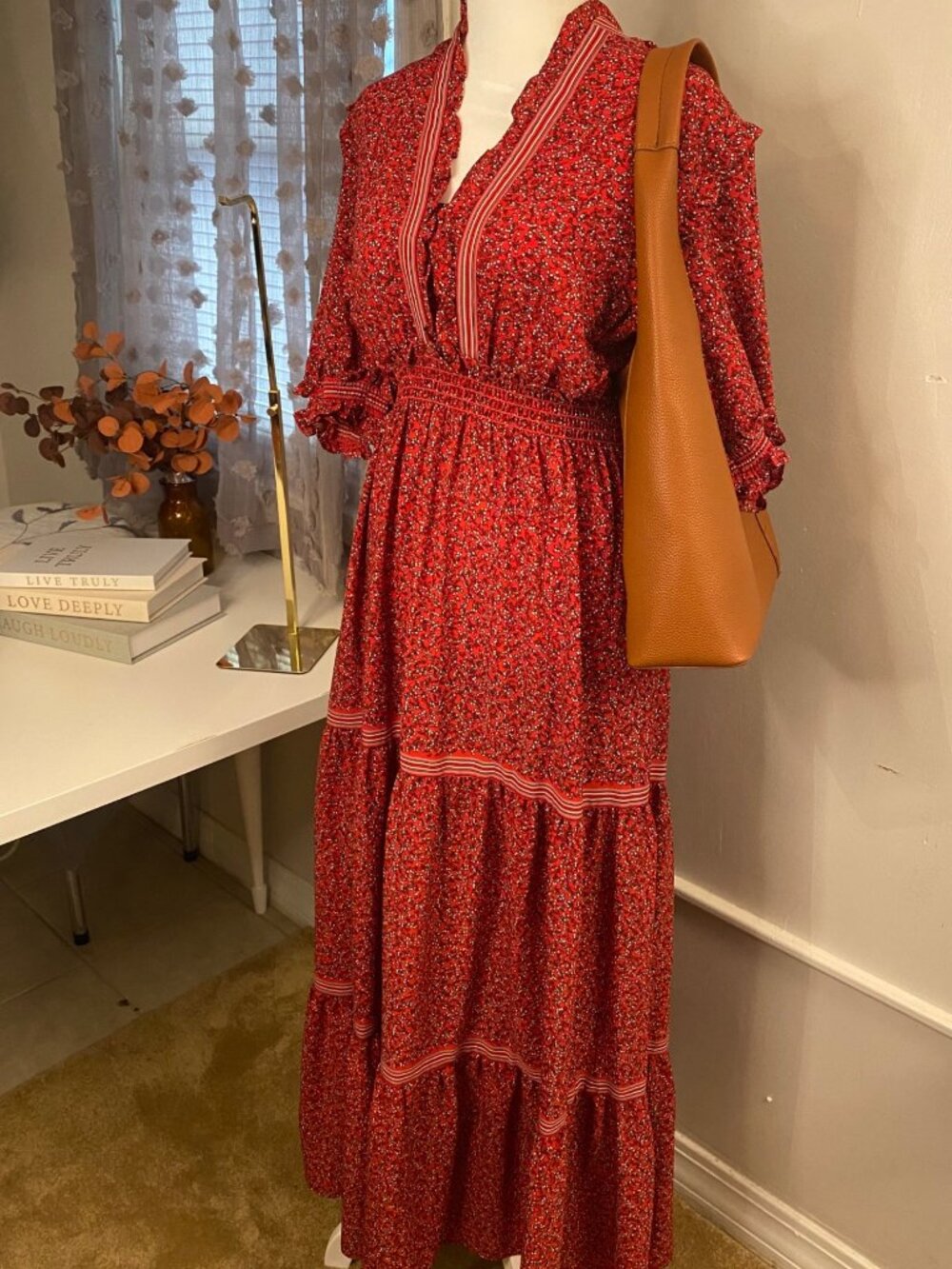 Max Studio Red Floral Boho Midi Maxi Dress Women's XL